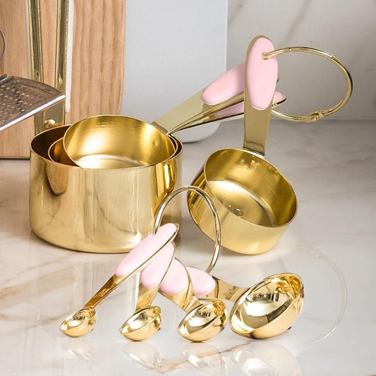 Pink Measuring Cups and Spoons Set - Sturdy 8PC Pink & Gold Measuring Cups and Spoons Set Stainless Steel with Pink Silicone Handle- Pink Kitchen Decor - Pink Kitchen Accessories - Cute Measuring Cups